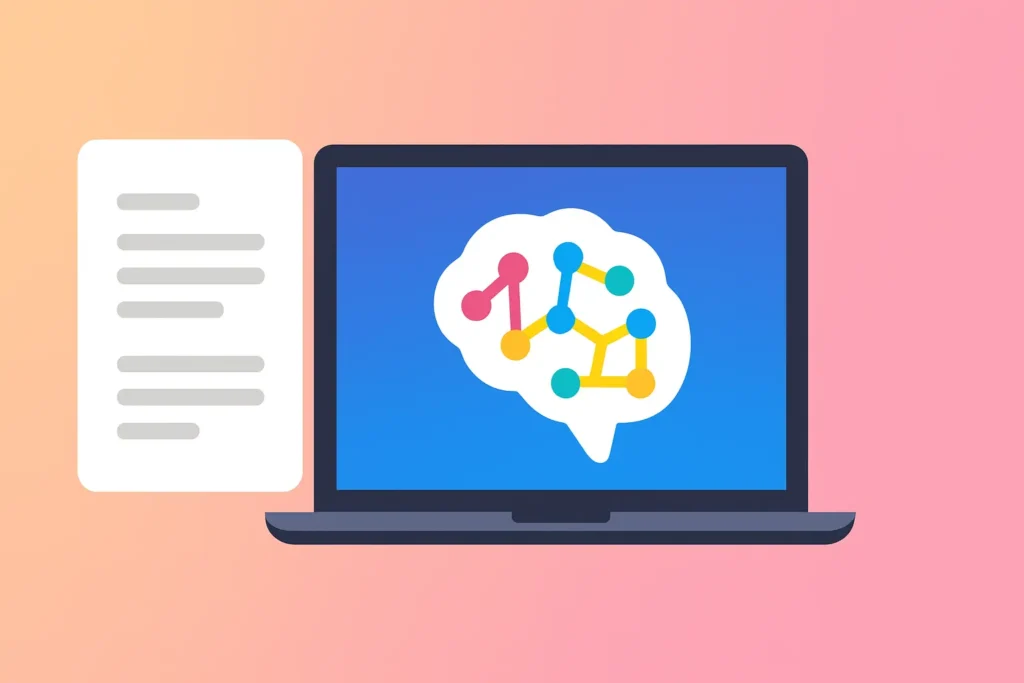 AI-powered writing assistant concept—Notion AI illustrated with brain icon on laptop