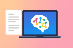 AI-powered writing assistant concept—Notion AI illustrated with brain icon on laptop