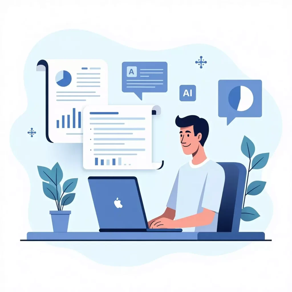 Concept image for AI content review article with analytics and tech visuals